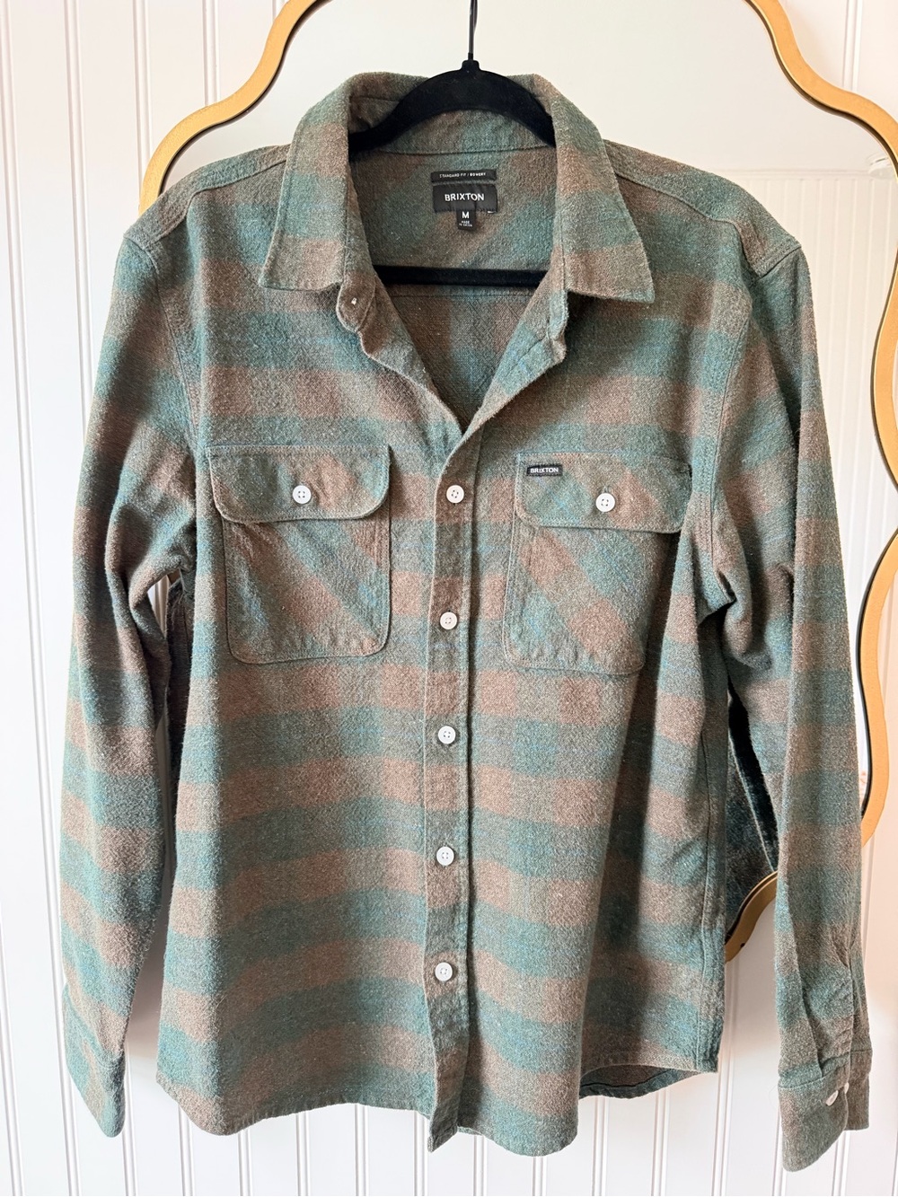 Brixton Men's Olive Green and Brown Flannel Button-Up Shirt